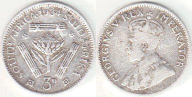 1934 South Africa silver Threepence A001911